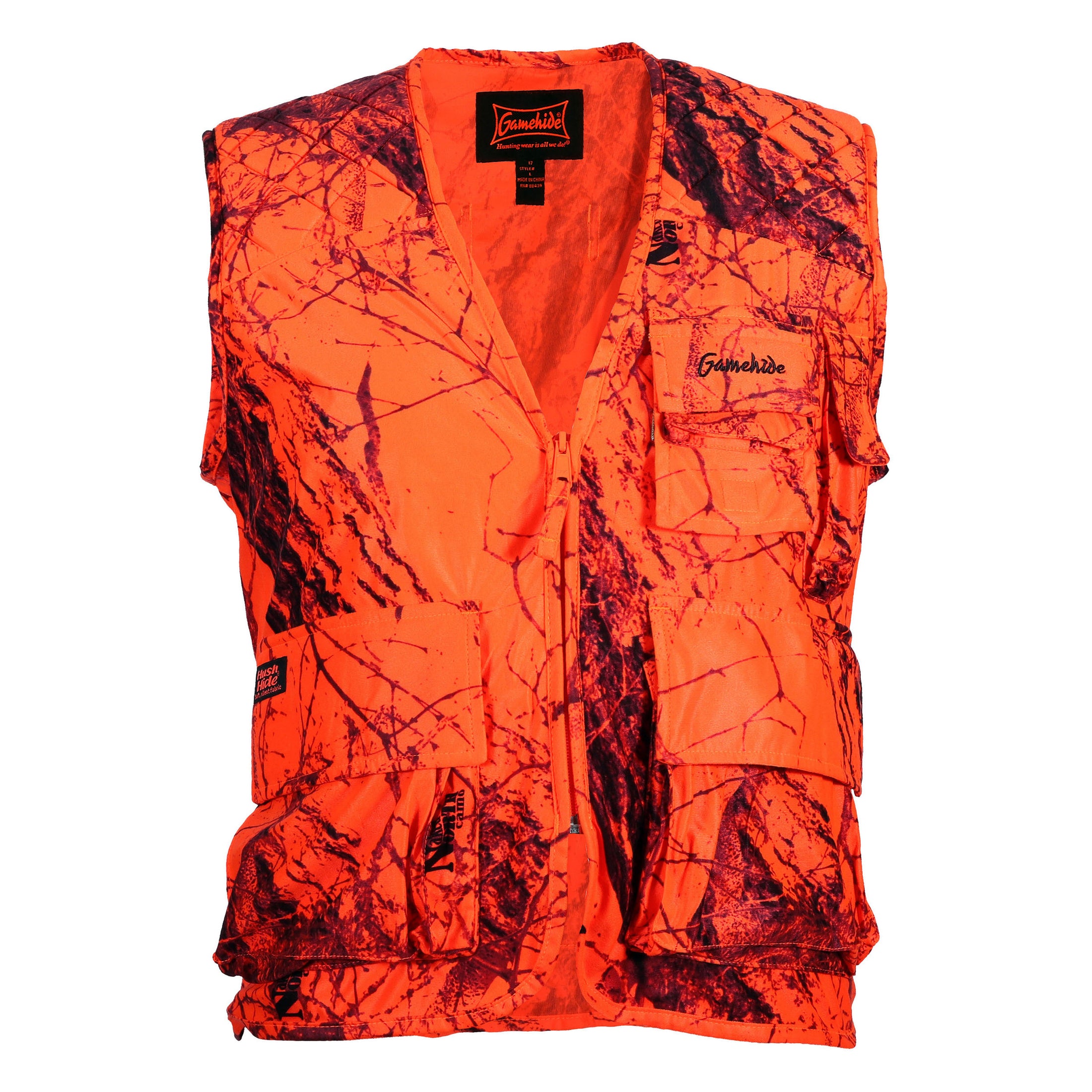 gamehide big game sneaker vest front view (naked north blaze orange camo)