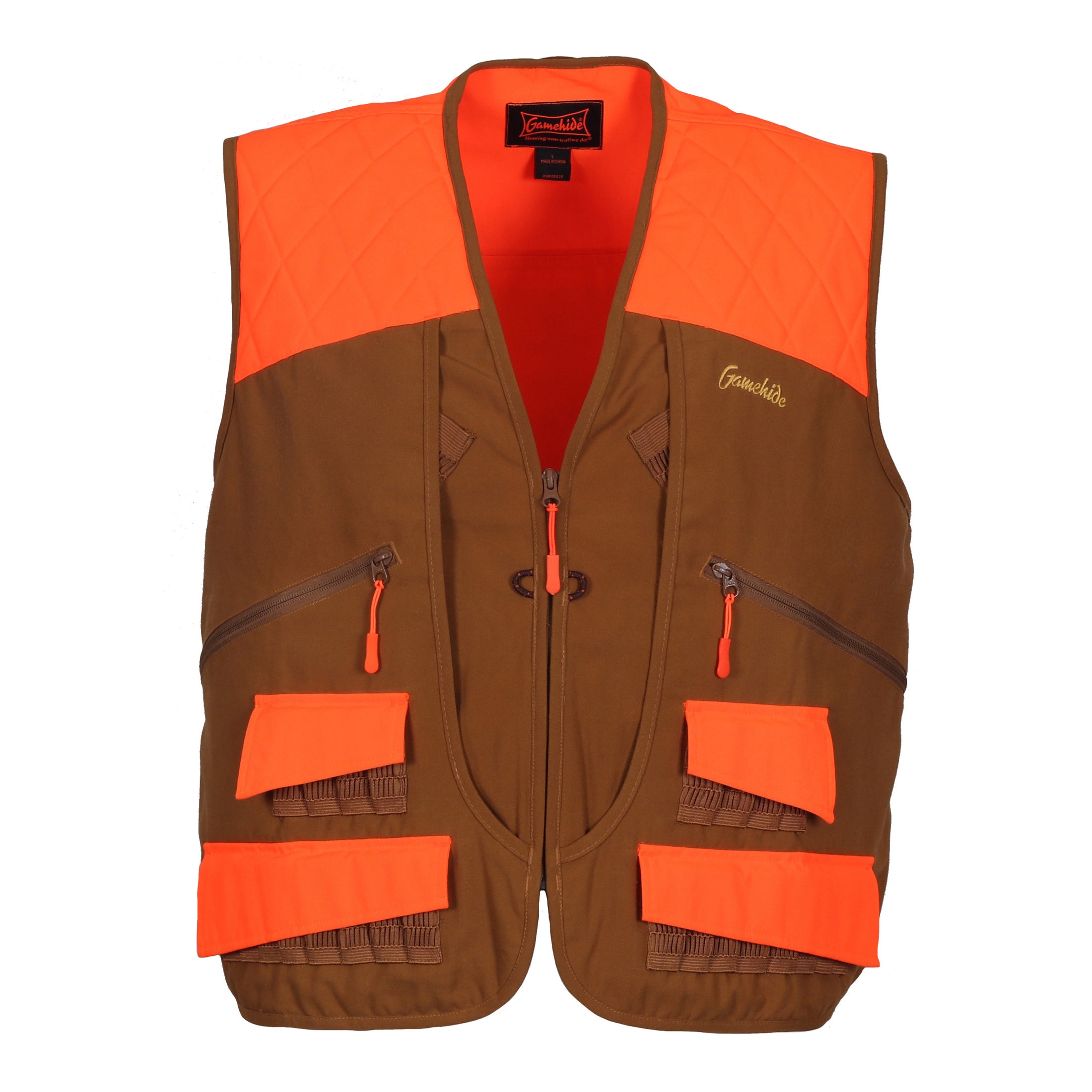 gamehide Chukar Upland Bird Hunting Vest front (marsh brown/blaze orange)