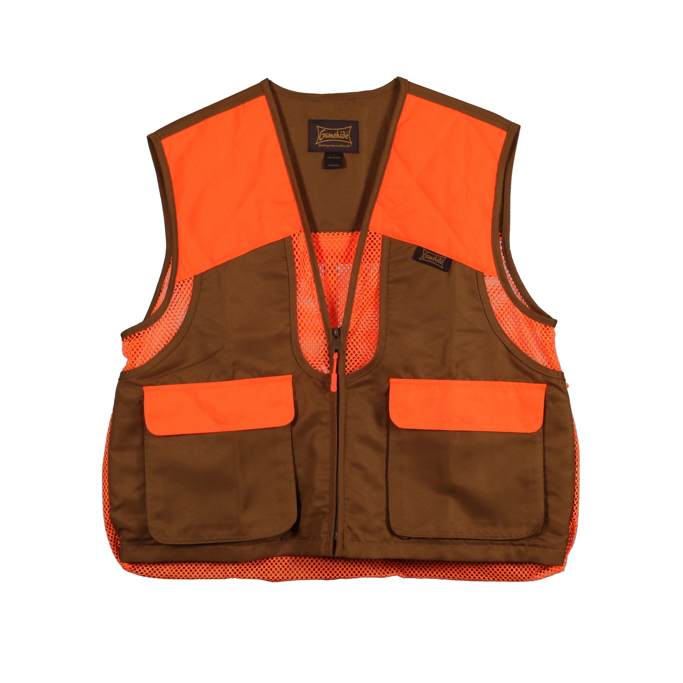 gamehide Quail Vest front (marsh brown/blaze orange)