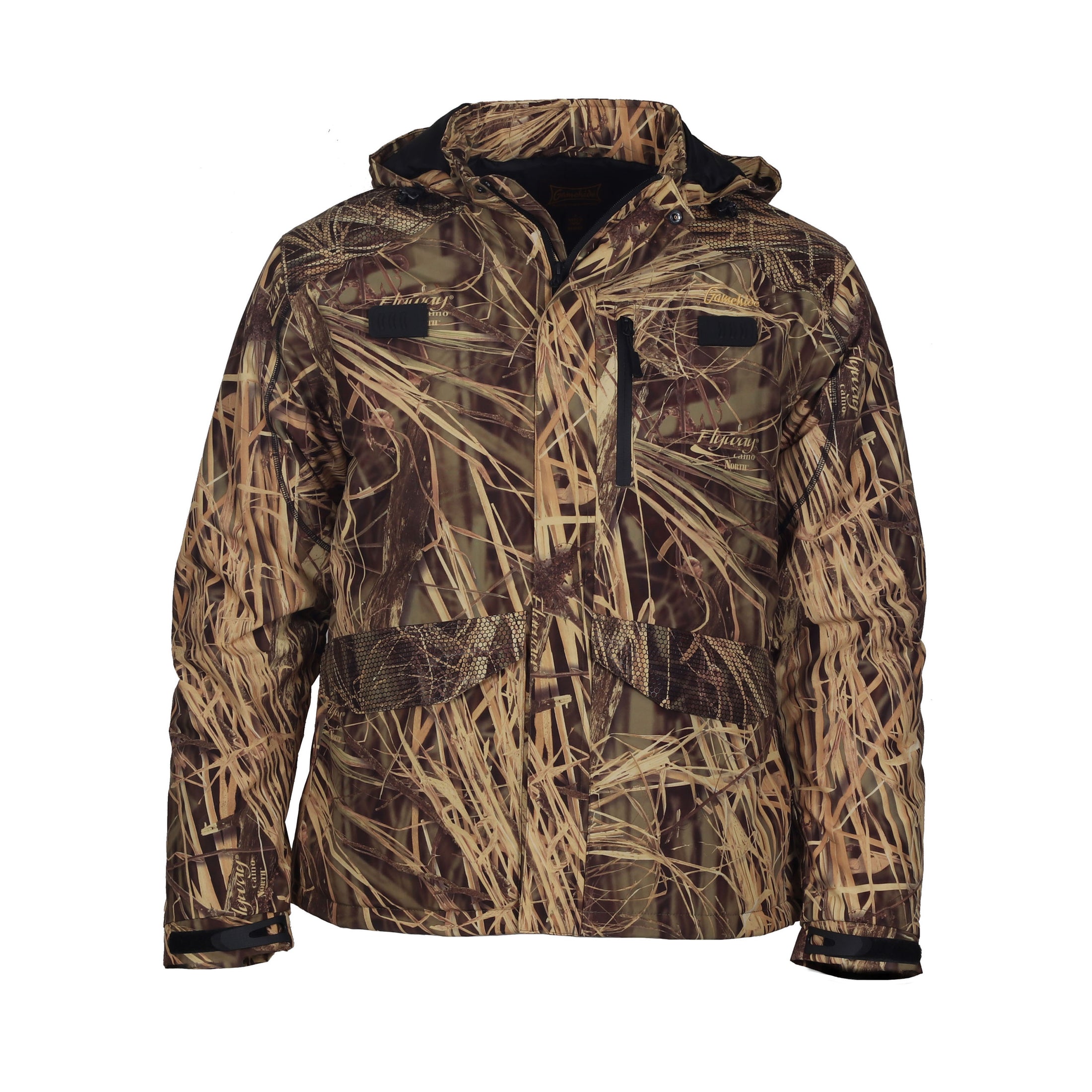 gamehide slough creek jacket front view (flyway camo north)