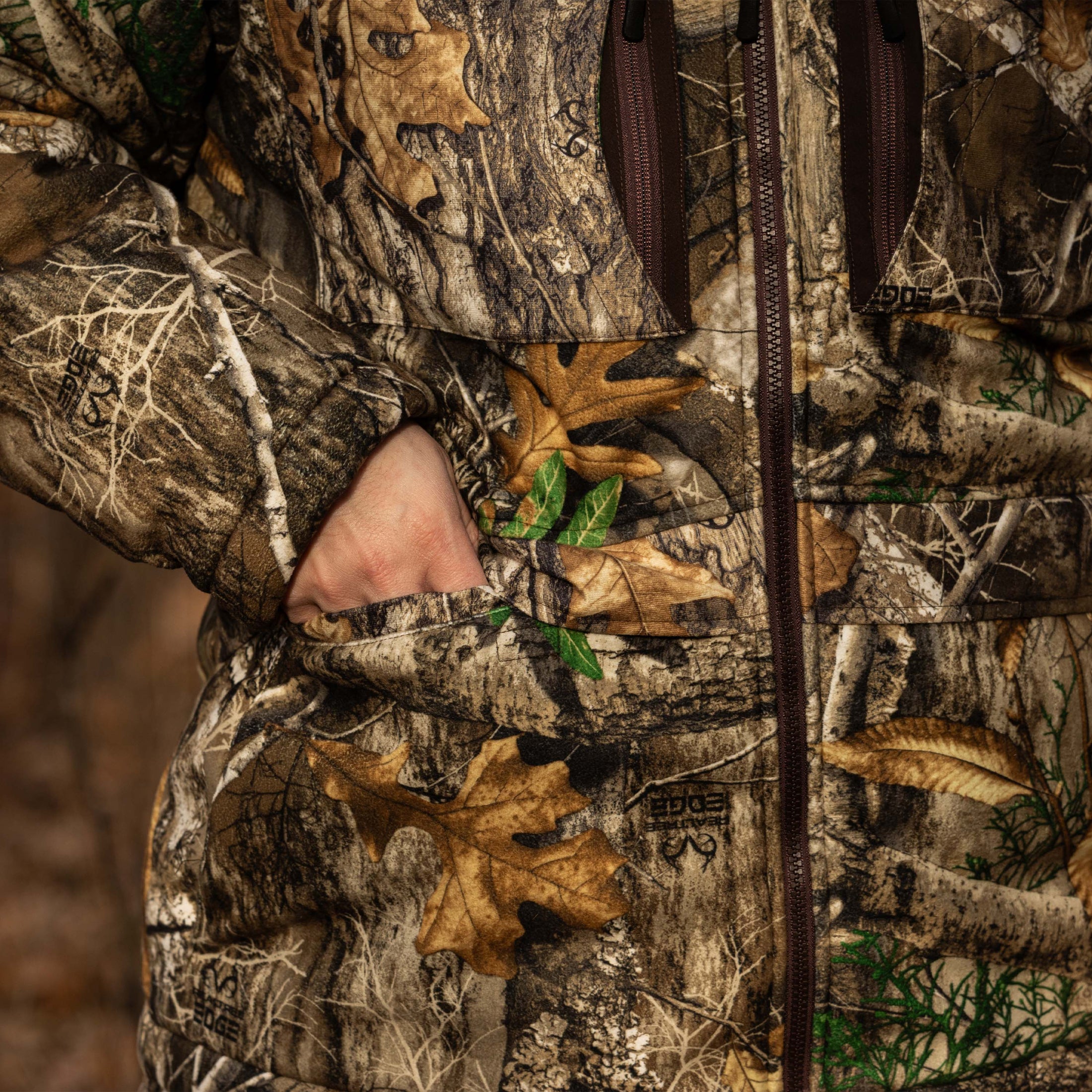 Cold weather hunting parka side pocket