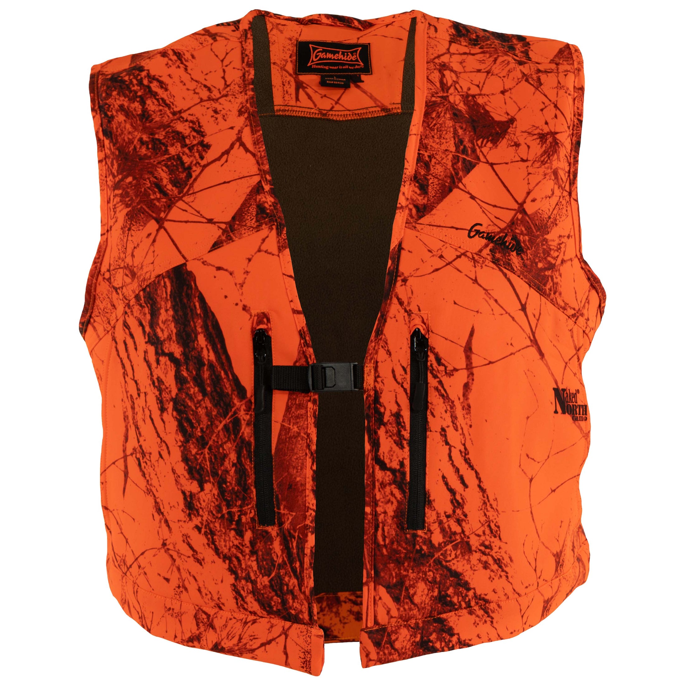 Gamehide Open range vest - front view (naked north blaze orange camo)