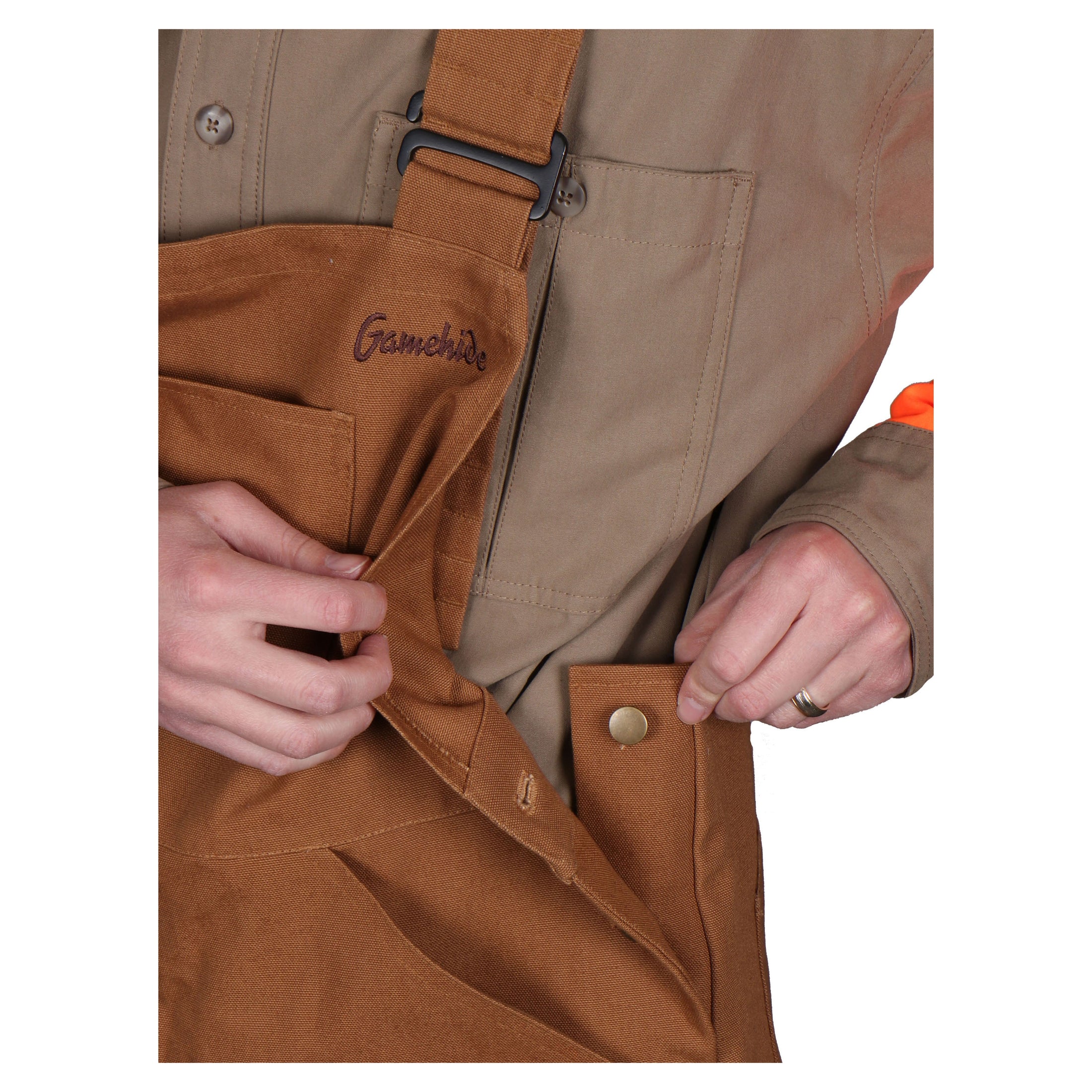 gamehide Briar Buster Upland Bib side button