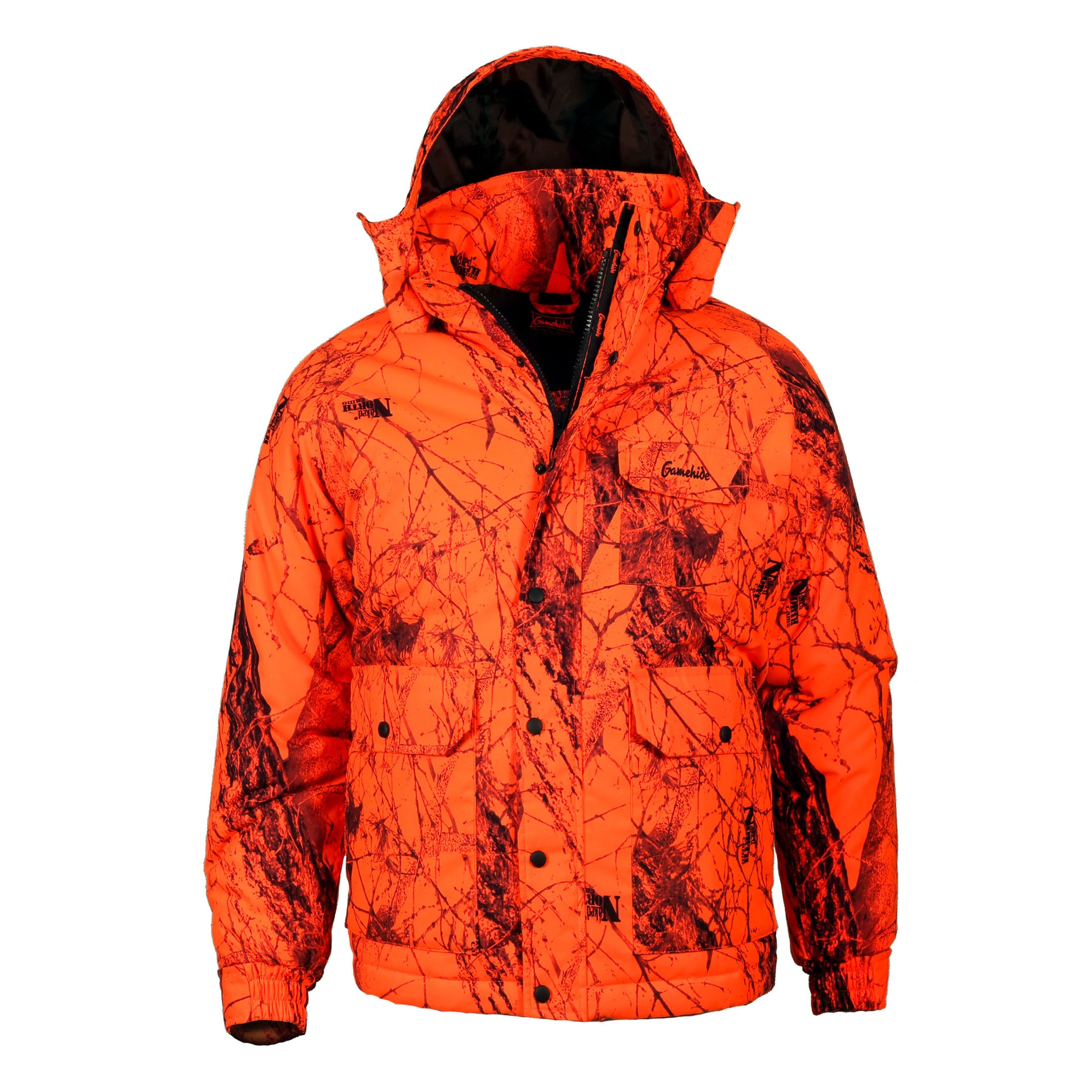 Gamehide deer hunter parka - front view (naked north blaze orange camo)