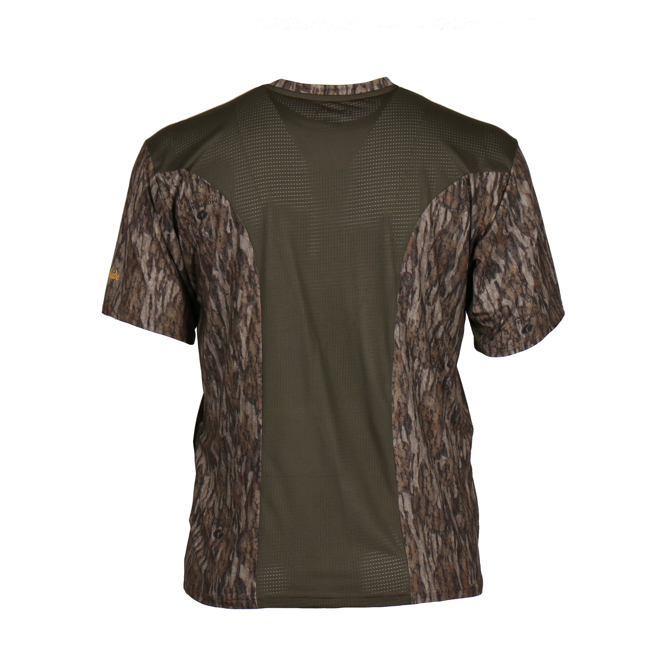 gamehide rapid wick short sleeve tee back view (mossy oak new bottomland)