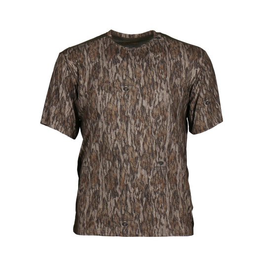 gamehide rapid wick short sleeve tee front view (mossy oak new bottomland)