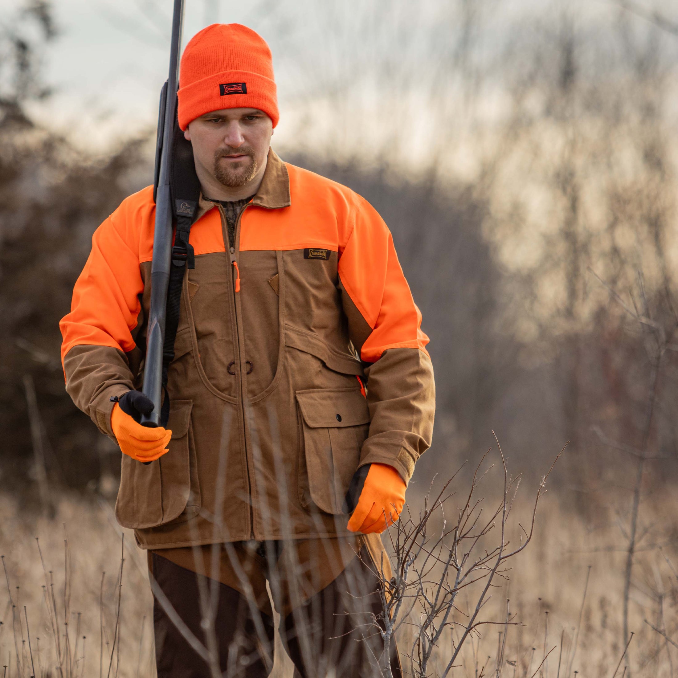 Upland hunting jacket front in the field

