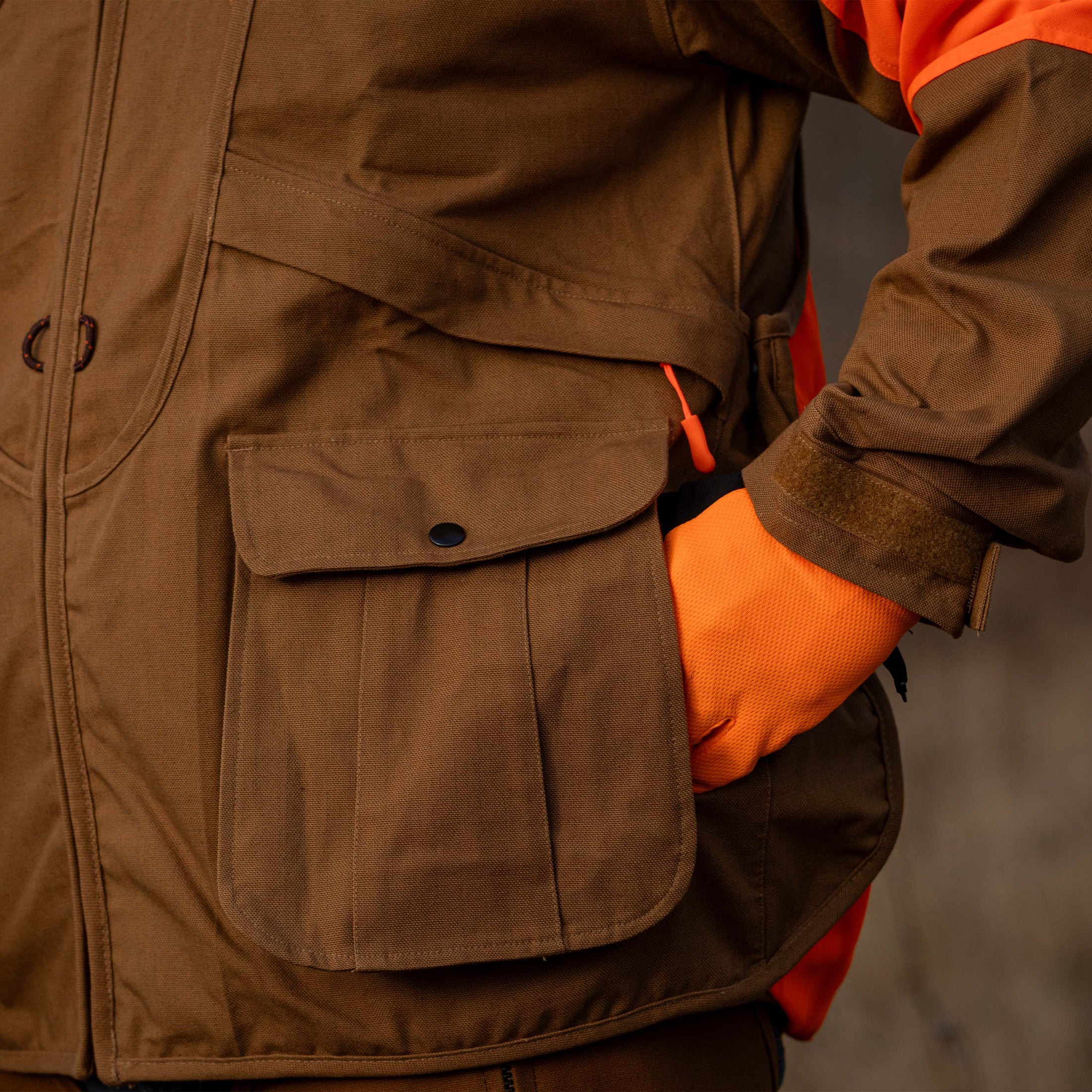 upland hunting jacket close up of side pocket