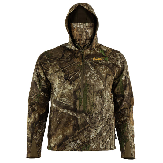 Solitude ridge pullover - hood up- front view (realtree apx)