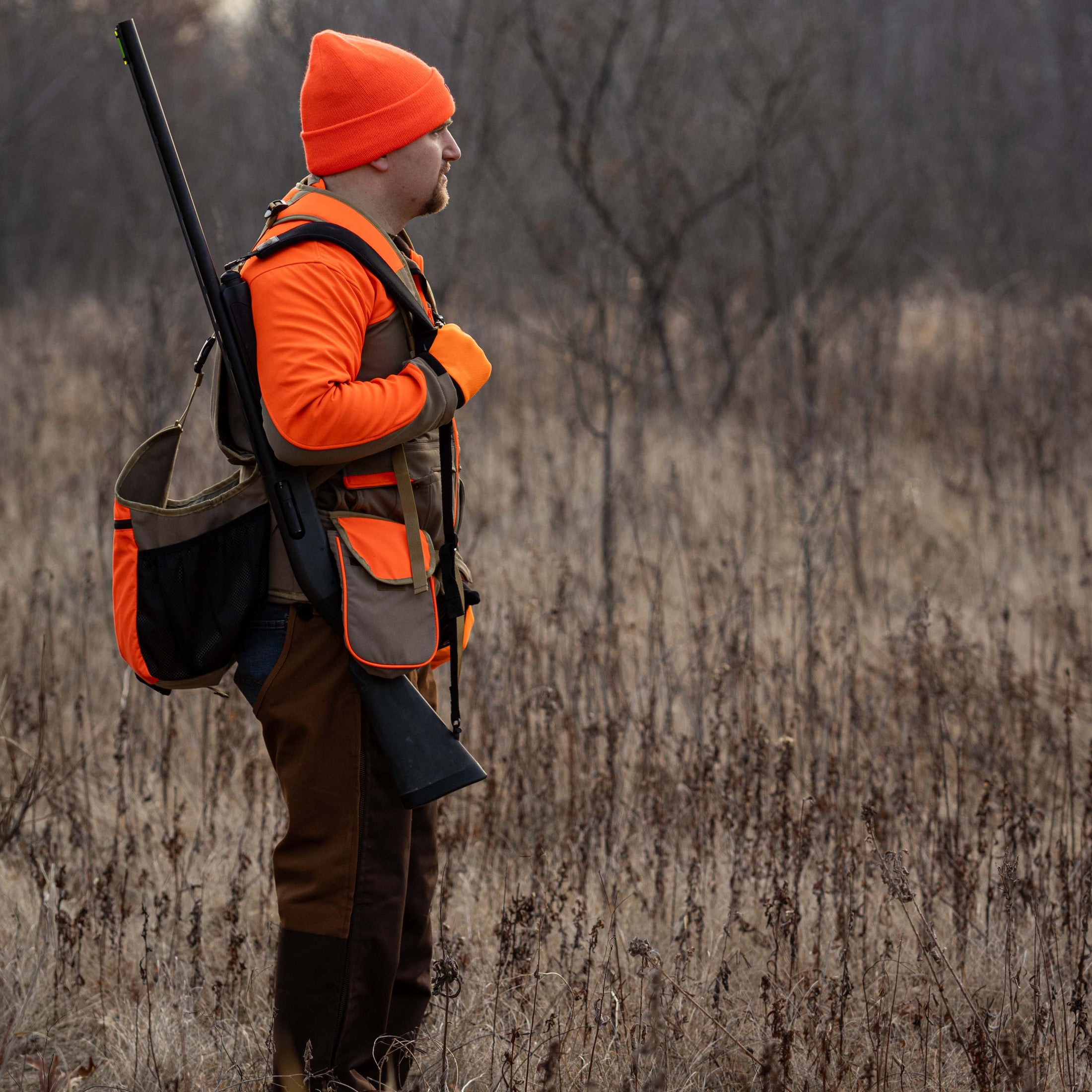 Upland strap vest hunter in the field
