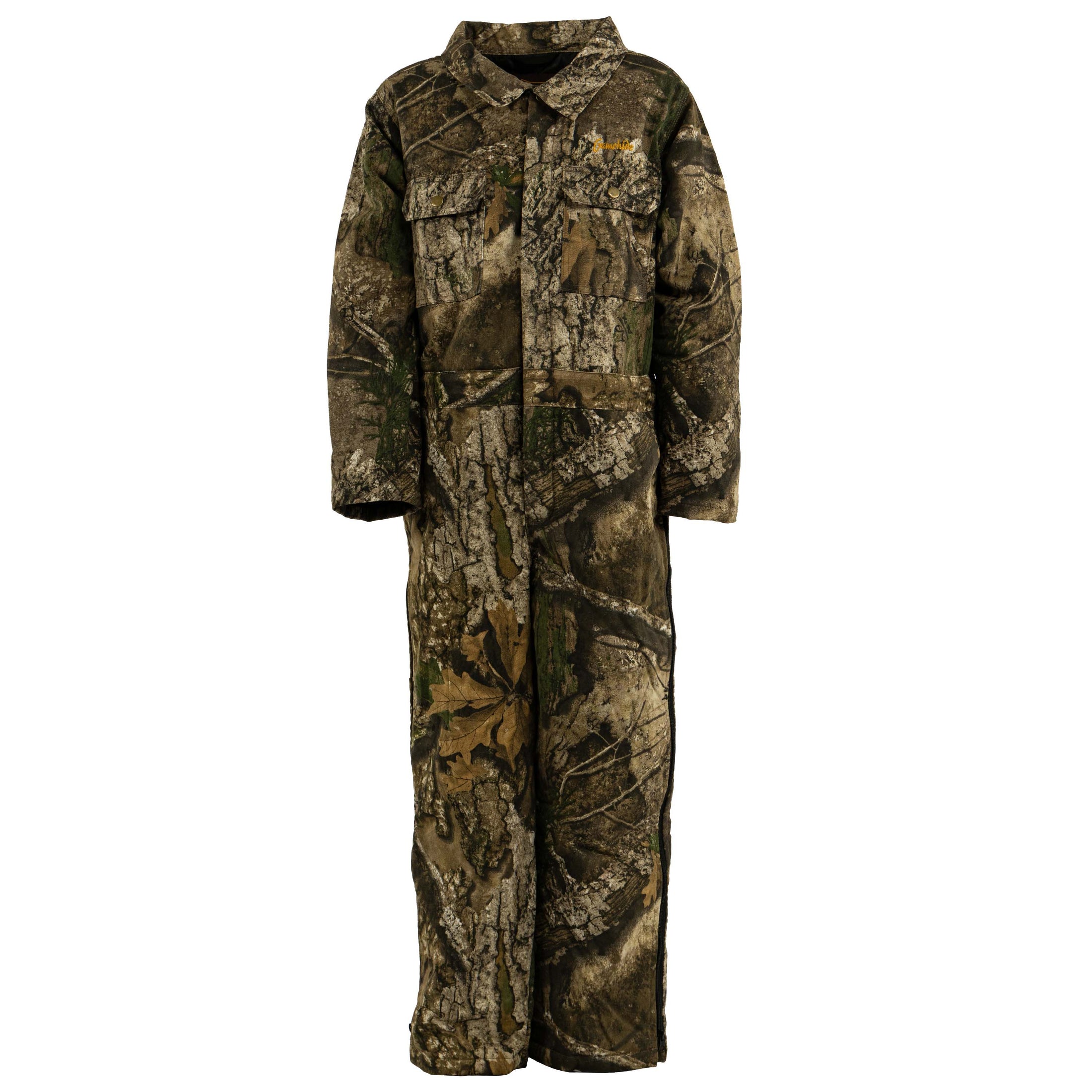 gamehide youth tundra coveralls front view (realtree apx)